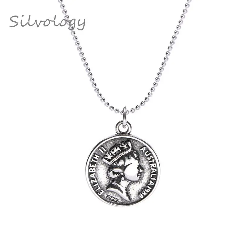 Silvology 925 пробы Серебряное винтажное круглое Фигурное длинное ожерелье с кулоном, с двойным узором, ожерелье для монет, женское ювелирное изделие