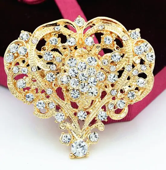 Gold Plated Винтажные стильные роскошные прозрачные кристаллы милое большое сердце цветок Брошь Свадебный букет булавки - Окраска металла: Gold Plated