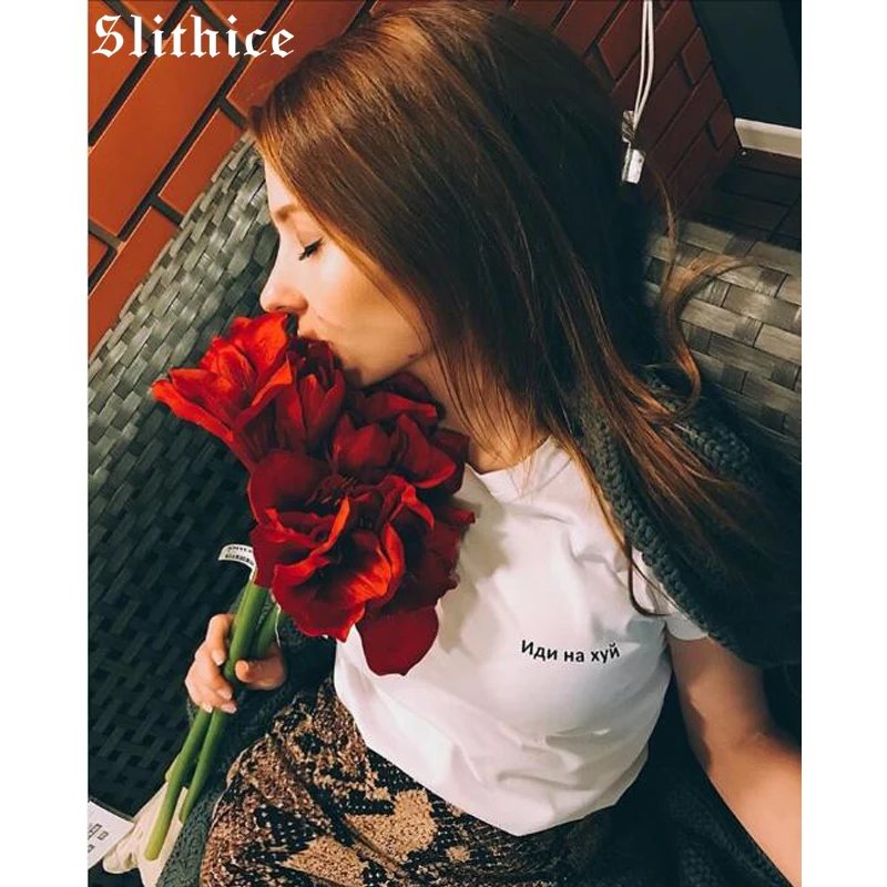 

Slithice New T-shirts for Women Cotton Short Sleeve O-neck Fashion Russian Letter Printed female T-shirt Top tees Black White