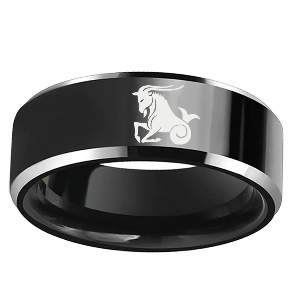 

Men Wedding Black Tungsten Ring 8mm Polished Flat Center Beveled Edge Comfort Fit Laser Zodiac Capricorn Constellation Jewelry