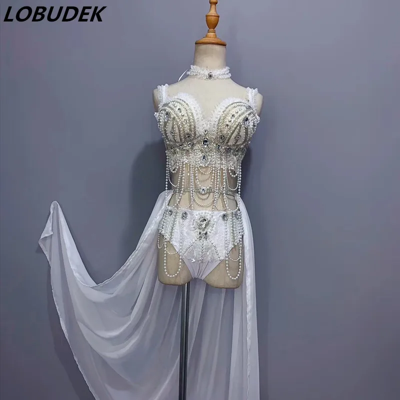 Белый жемчуг бюстгальтер сияющие стразы бикини длинное платье со шлейфом