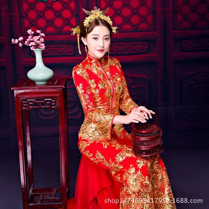 Женское свадебное платье с вышивкой Феникс красное традиционное китайское Ципао