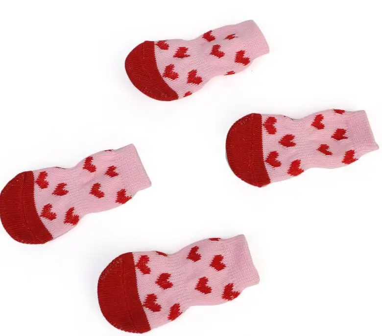 Dropshipping 4pcs/set Socks For Dogs Indoor Pet Cat Shoes Soft Cotton Anti-slip Knit Weave Warm Skid Bottom Products For Animals - Цвет: Красный