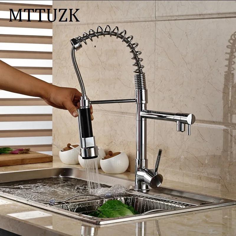 MTTUZK пружинный стиль никель Матовый кухонный кран смеситель двойной распылитель