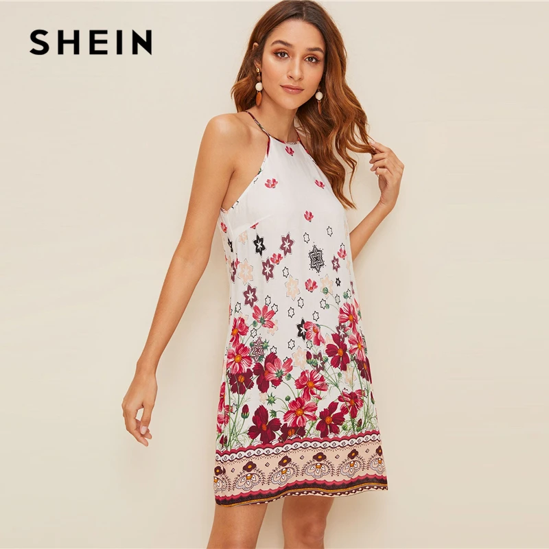 SHEIN женское пляжное прямое платье с цветочным принтом на бретельках Boho летнее праздничное короткое платье без рукавов на пуговицах сзади