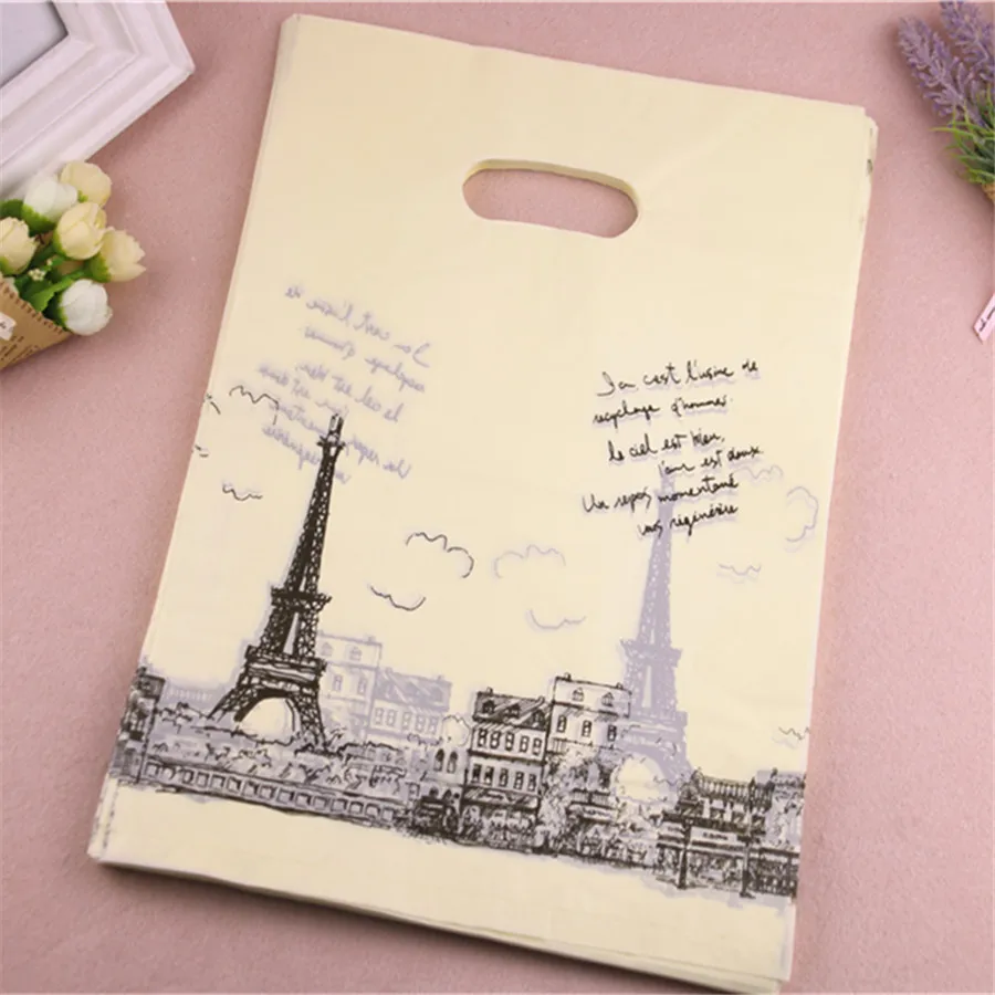 Beige Дизайн,,, 100 шт/партия, 25*35 см, роскошные популярные сумки в европейском стиле с Эйфелевой башней, большой пластиковый пакет - Цвет: Beige