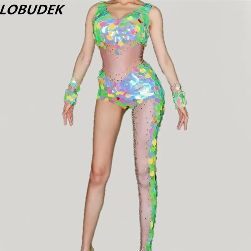 Colorful Sequins Crystals Single Leg Jumpsuit Female Stage Outfit Singer Dancer Performance Costume Nightclub Bar Dance Wears