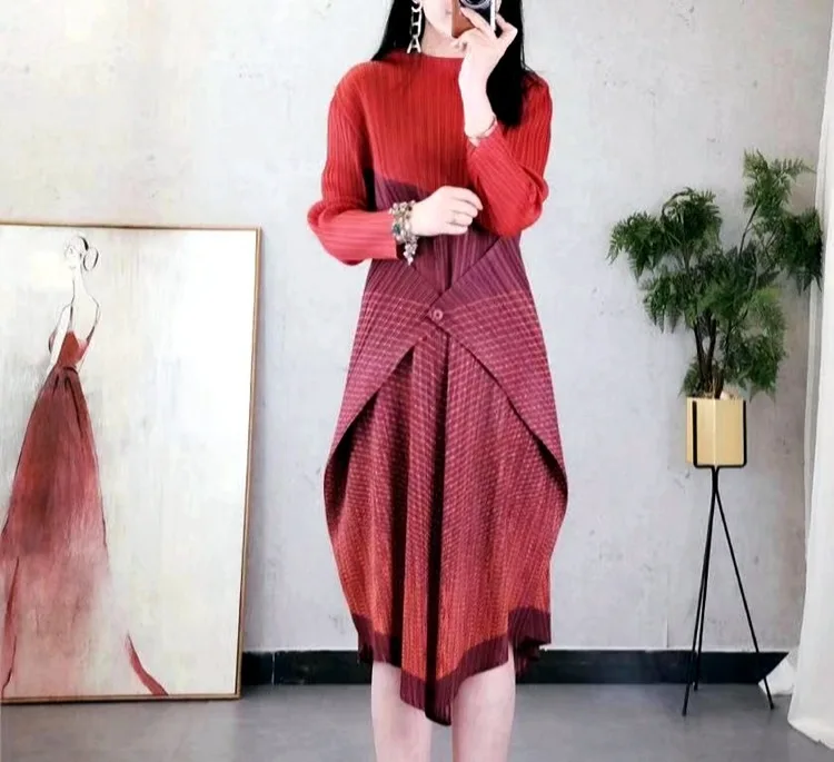 Changpleat Весенние новые полосатые сплайсинговые женские платья Miyak плиссированные модные дизайнерские женские платья на одной пуговице с эластичной талией