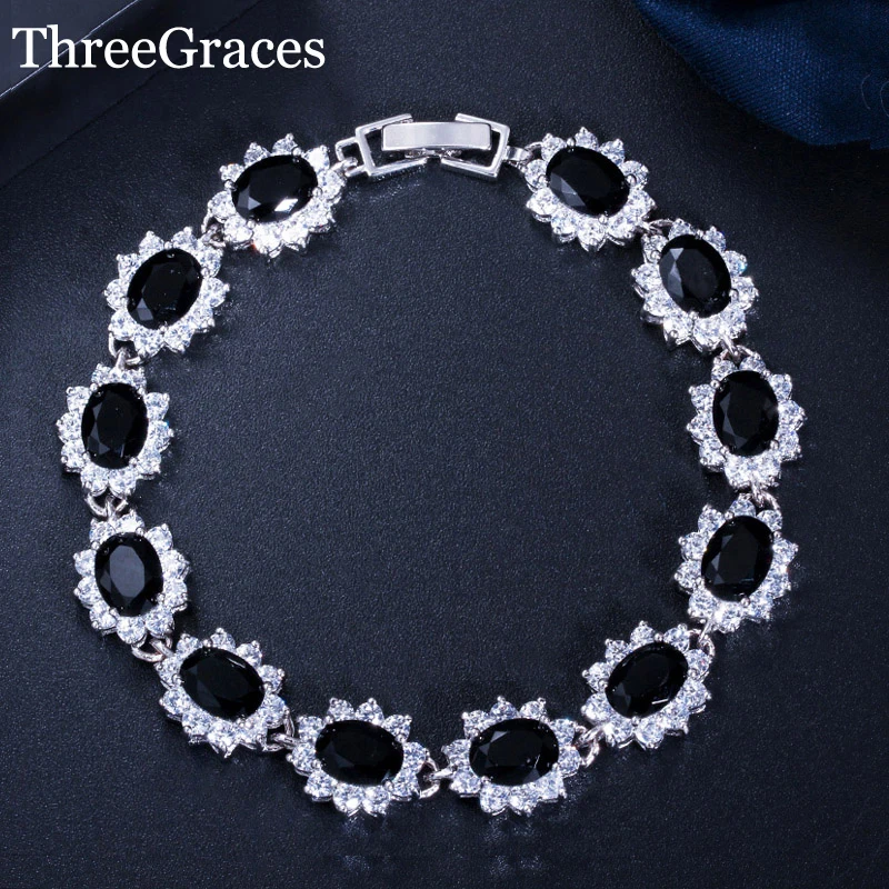 ThreeGraces новые женские CZ Ювелирные изделия большой цветок черный кубический цирконий камень 925 Серебро CZ браслеты для женщин BR055