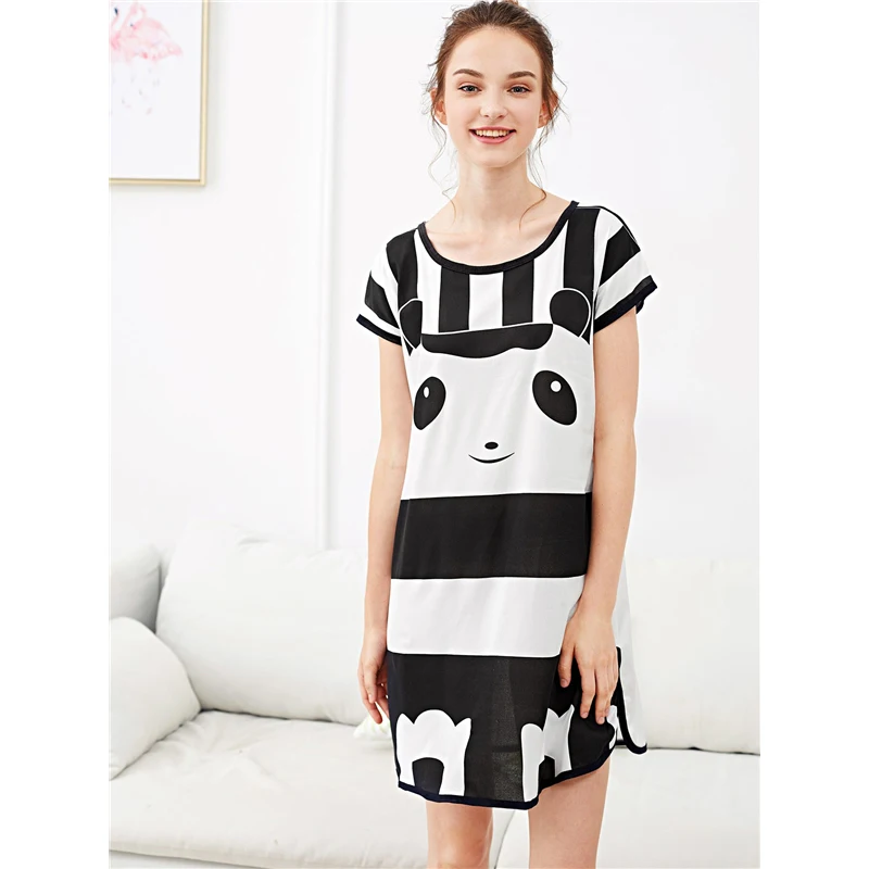 Dotfashion черный и белый с принтом панды в полоску Ночное платье для женщин короткий рукав пижамы повседневное летняя одежда для сна