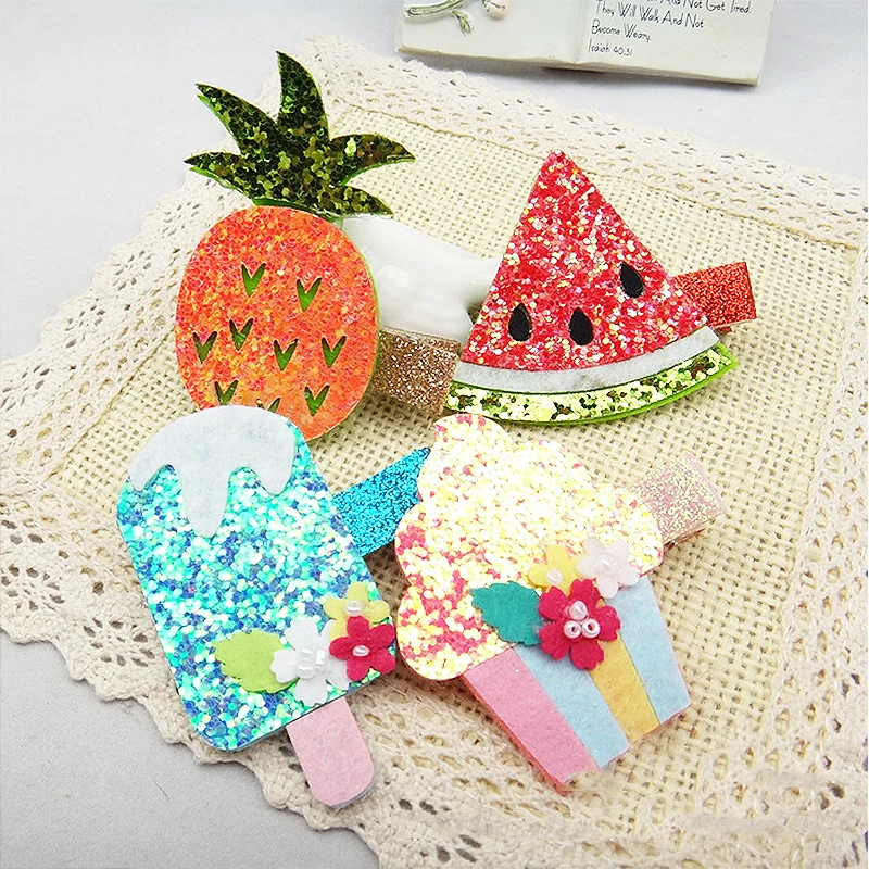 

new 1 piece Hairpin Cute Fruit Coarse gold powder Korean version Children Side clip Ice cream Hairpin Hair accessories