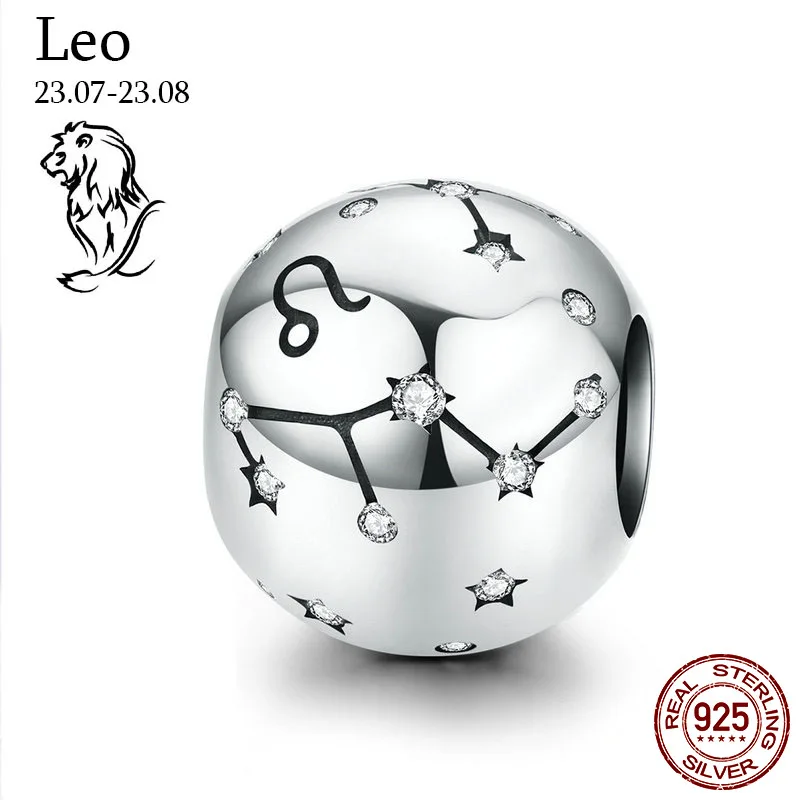 Leo-5 Натуральная 925 пробы серебро 12 созвездия зодиака круглые бусины, подходят к оригиналу Pandora, браслет, ювелирные изделия с бриллиантами - Цвет: Leo-5