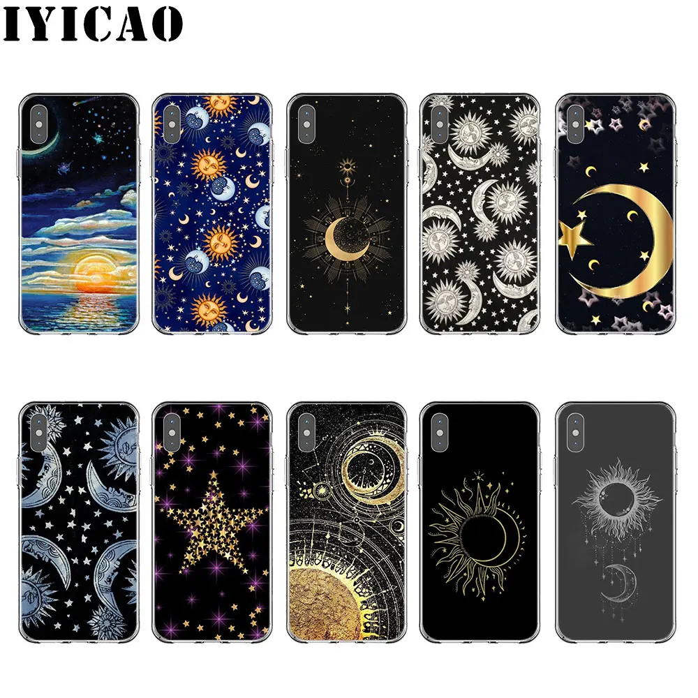 IYICAO Солнце Луна Звезды Красочные Жесткий прозрачный чехол для iPhone XR X XS Max 8 7 6 S