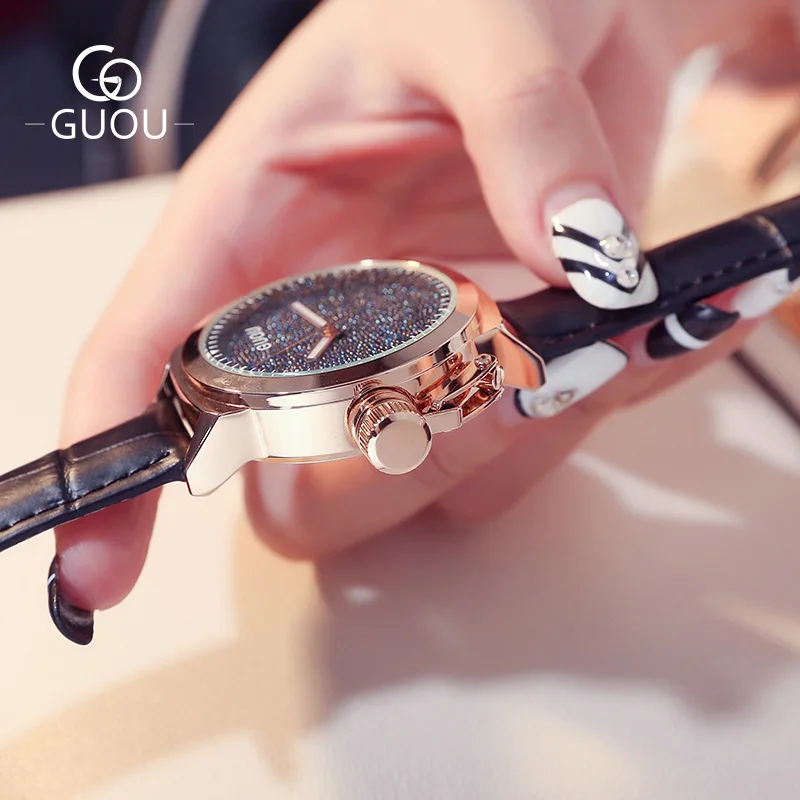 GUOU простой Стиль Гонконг Марка Натуральная кожа кварцевые наручные часы для