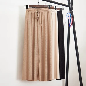 Женские летние тонкие трикотажные брюки, черные широкие свободные брюки до щиколотки, повседневные брюки с эластичным поясом