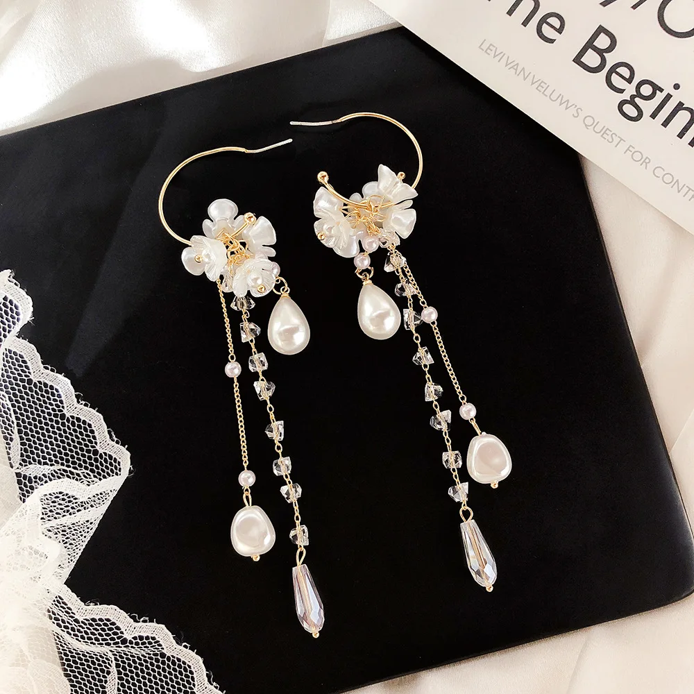 Dominated 2019 Fashion Style Shell Flower Pearl Women Drop earrings Contracted crystal long tassel |