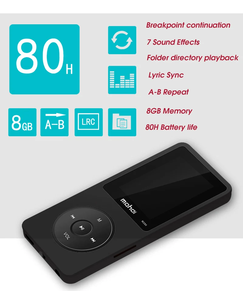 Mahdi M280 Спортивный MP3 плеер, работающий портативный аудио Hi-Fi плеер, 8 ГБ, 1,8 дюйма, TFT экран, поддержка 128 ГБ, TF карта, FM радио, диктофон
