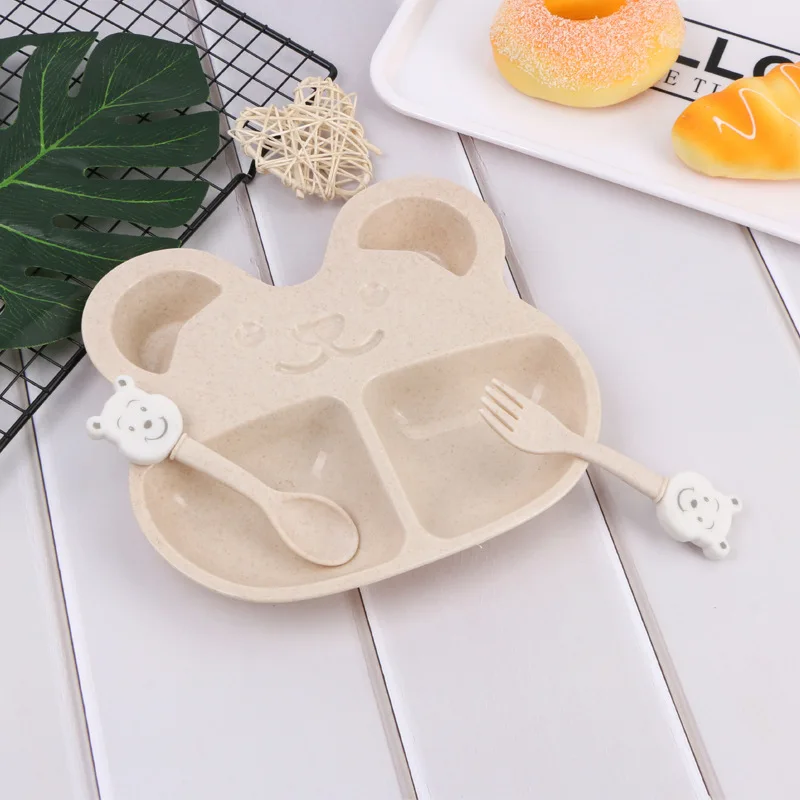 Beige Set 3 шт./компл. для детских бутылочек, Еда посуда Твердые Дети Ясельного возраста с медведем из мультфильма посуда детская пшеницы тарелки ужин чаша для детей тренировочные столовые приборы - Цвет: Beige Set