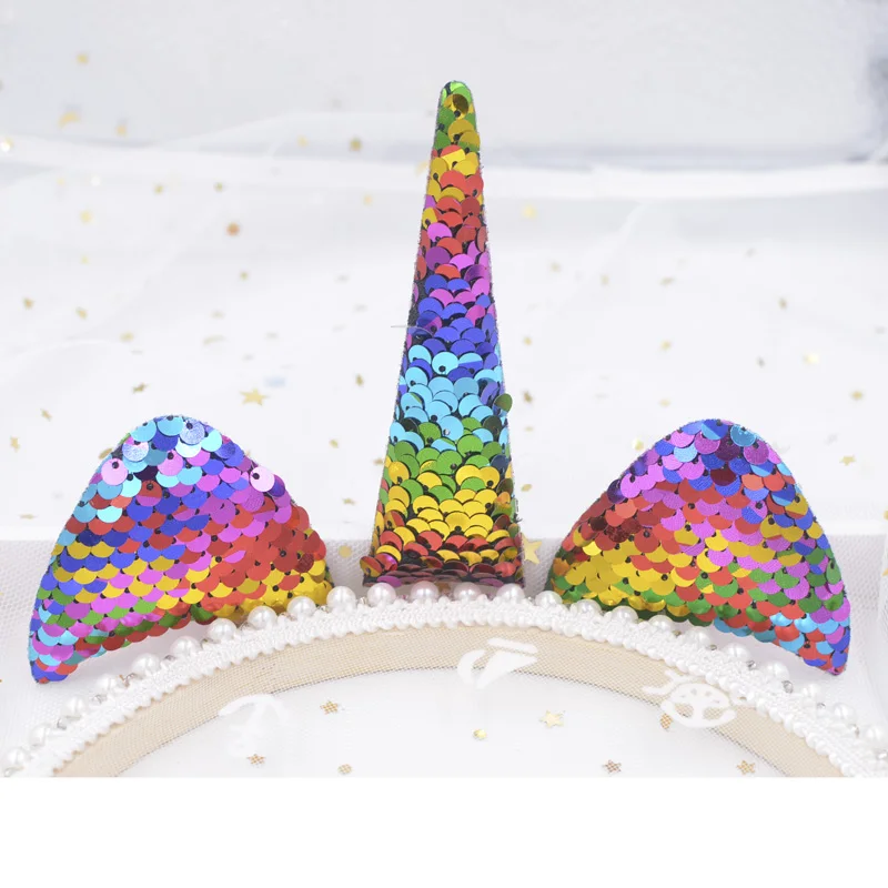 Rainbow 2 комплекта, блестящие накладки, проложенные пайетками, милый единорог, рожок и уши, Аппликации для DIY, повязка на голову для волос, детский праздничный декор, косплей, F78 - Цвет: Rainbow