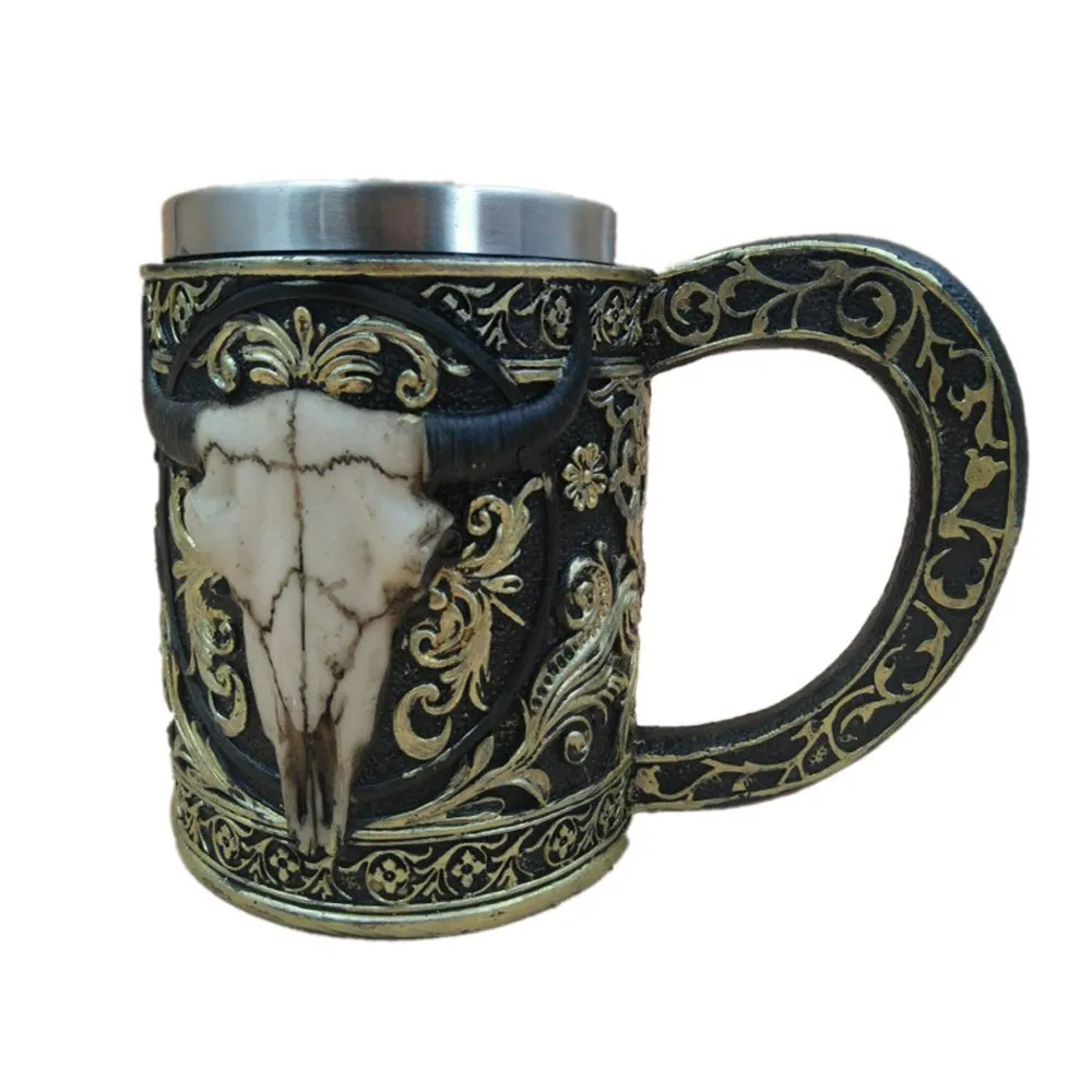 3D creative personality cow head mug Halloween Tankard Coffee Mug Cup Cool Stainless Steel Tea hot Skull Gift 4.30 | Дом и сад