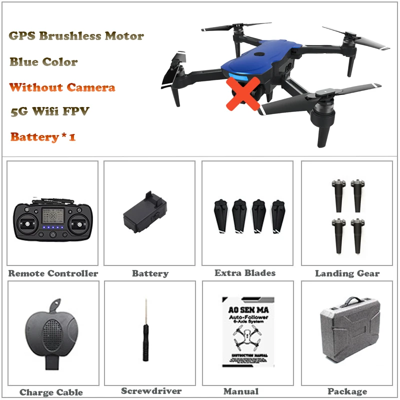 GPS NOCam Blue 1 Bat Профессиональный Дрон с GPS Квадрокоптер с камерой HD 1080 P Wifi в режиме реального времени Трансмиссия оптический psitering вертолет круг Летающий - Цвет: GPS NOCam Blue 1 Bat