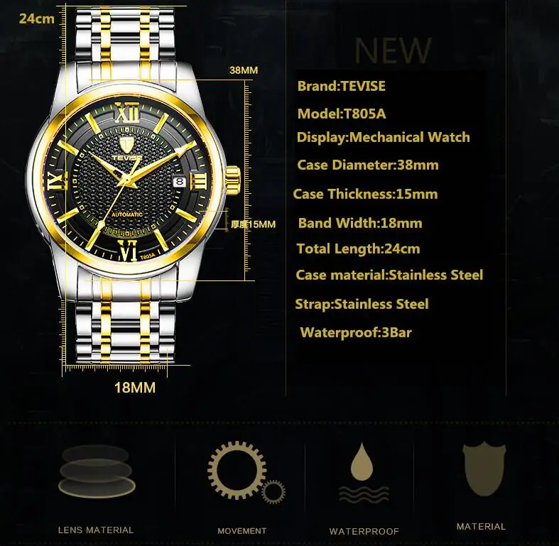 Tevise Бизнес часы Для мужчин Роскошные автоматические механические