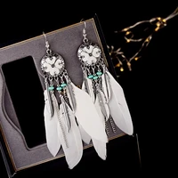 fashion women white boho feather earrings tibetan jewelry brincos bijoux vintage bohemia long chainleaf tassel drop earrings
