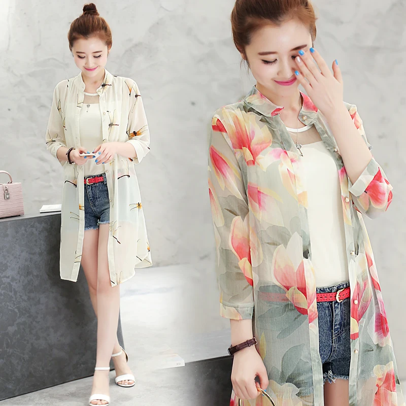 Женская длинная рубашка летняя шифоновая с рукавом 3/4 и цветочным принтом