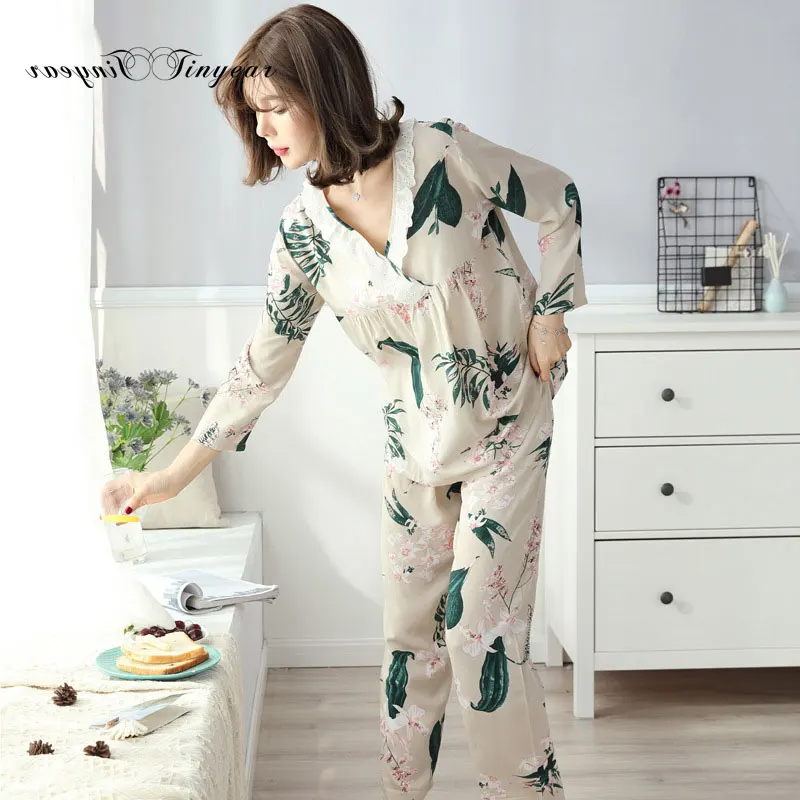Tinyear женские хлопковые Пижамные комплекты с длинными рукавами пижамы из 2