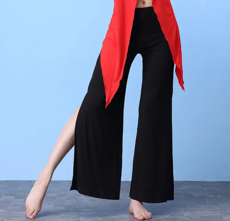Soft Modal Belly Dance Side Slit Pants Oriental Dance Practice Trousers Elastic Waist White Black Free Shipping