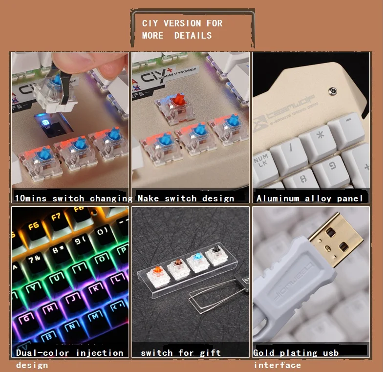 TEAMWOLF Vodstorm CIY  Mechanical Keyboard 104key  black blue switch Backlit Gaming Keyboard For Laptop PC gamer RUSSIAN Sticker