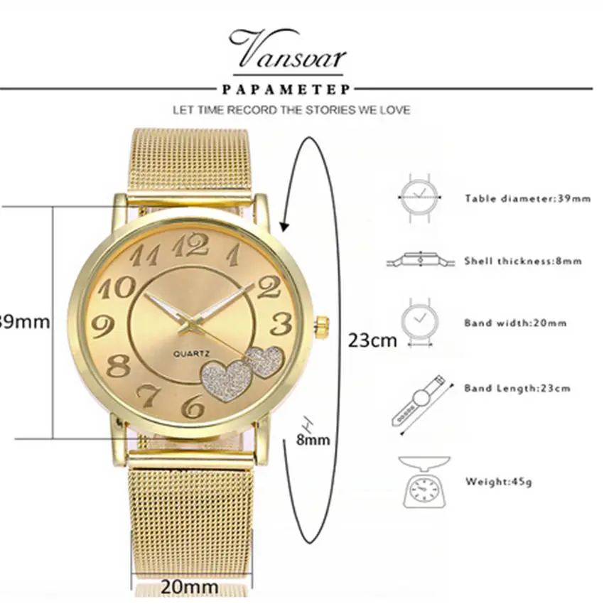 Vansvar Brand Fashion Silver Gold Mesh Band Love Dial Wristwatch Casual Women Quartz Watches Gift Relogio Feminino | Наручные часы