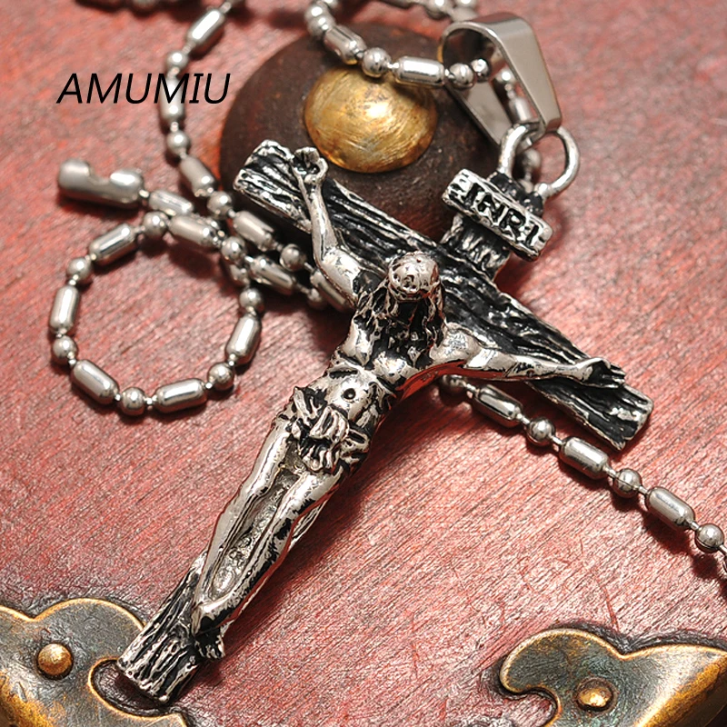 Мужской кулон в виде креста AMUMIU INRI Jesus винтажное ожерелье из нержавеющей стали 316L