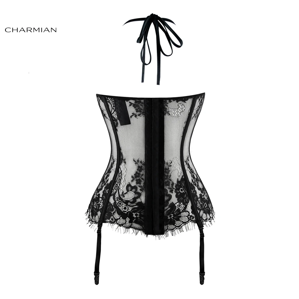 Женский корсет Charmian черный прозрачный с цветочным принтом бретелькой через шею