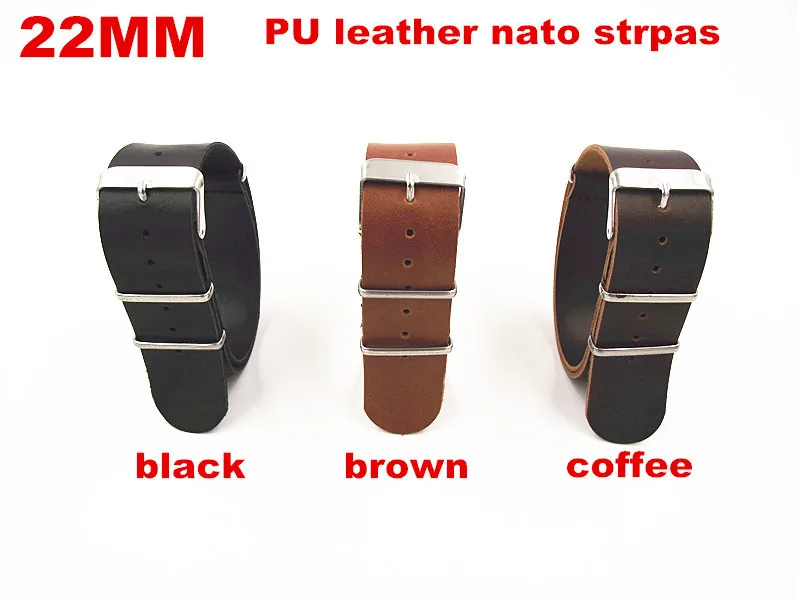 

1PCS High quality 22MM PU leather nato straps Watch band watch strap black ,brown,coffee color -0724