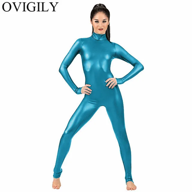 Sky Blue OVIGILY женский спандекс металлик комбинезон для взрослых блестящая лайкра Длинный рукав Unitards боди кожа черный облегающий женский костюм - Цвет: Sky Blue