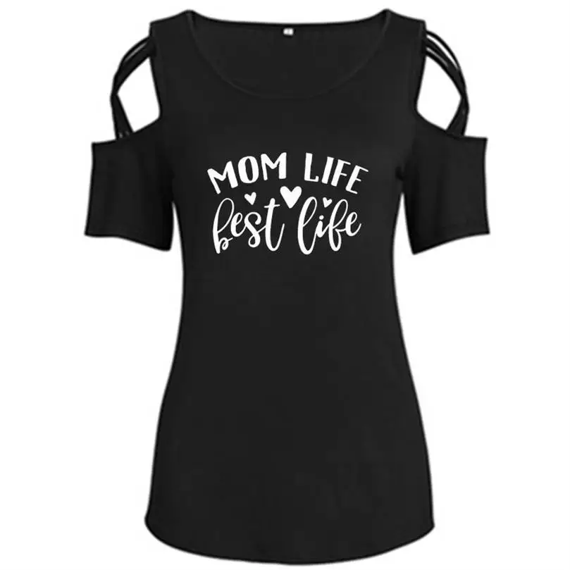 

2022 New Fashion T-Shirt For Women Mom Life Best Life Heart Letters Print Bandage Off Shoulder Tops T-Shirt Female Tshirt Tumblr