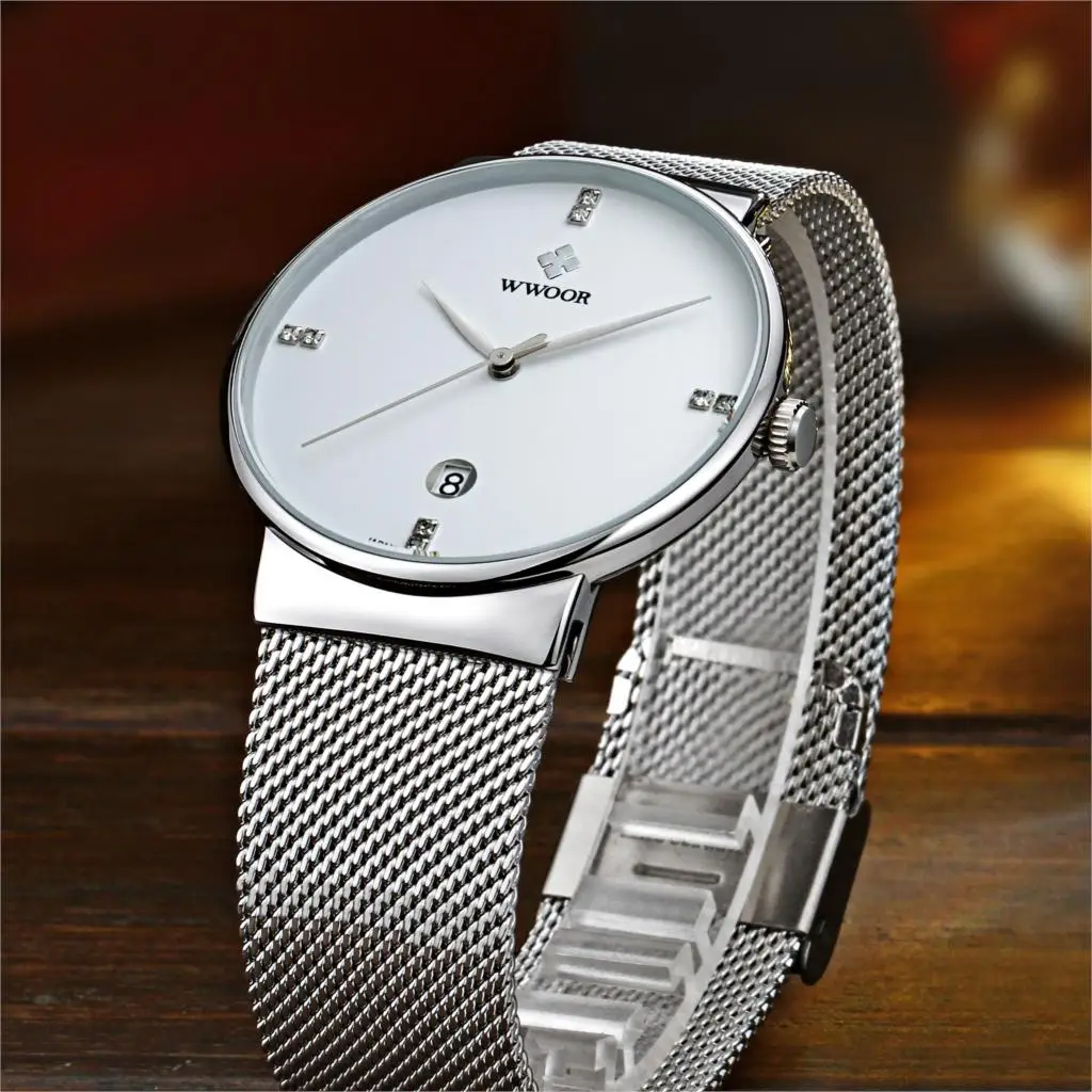 Мужские кварцевые часы WWOOR из нержавеющей стали с автоматической датой