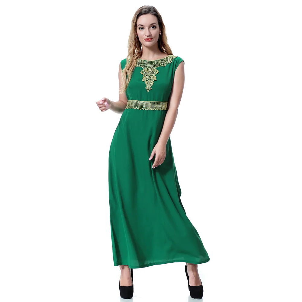 Платье из шерсти abaya, длинное платье без рукавов с круглым вырезом и золотистой аппликацией, цвет персиковый, Арабская, TH921