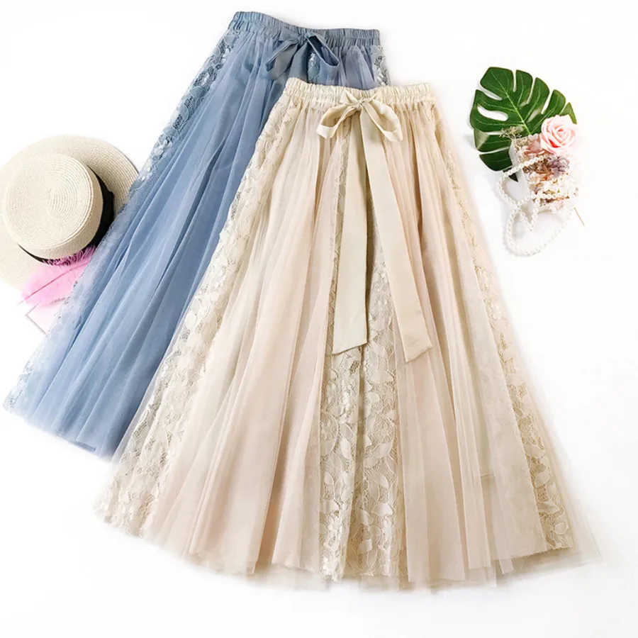 

HIGH QUALITY Women Mesh Tulle Skirts 2019 Summer Korean Lace Patchwork Long Skirt Tie Bow Ball Gown Big Swing Skirt Large Size