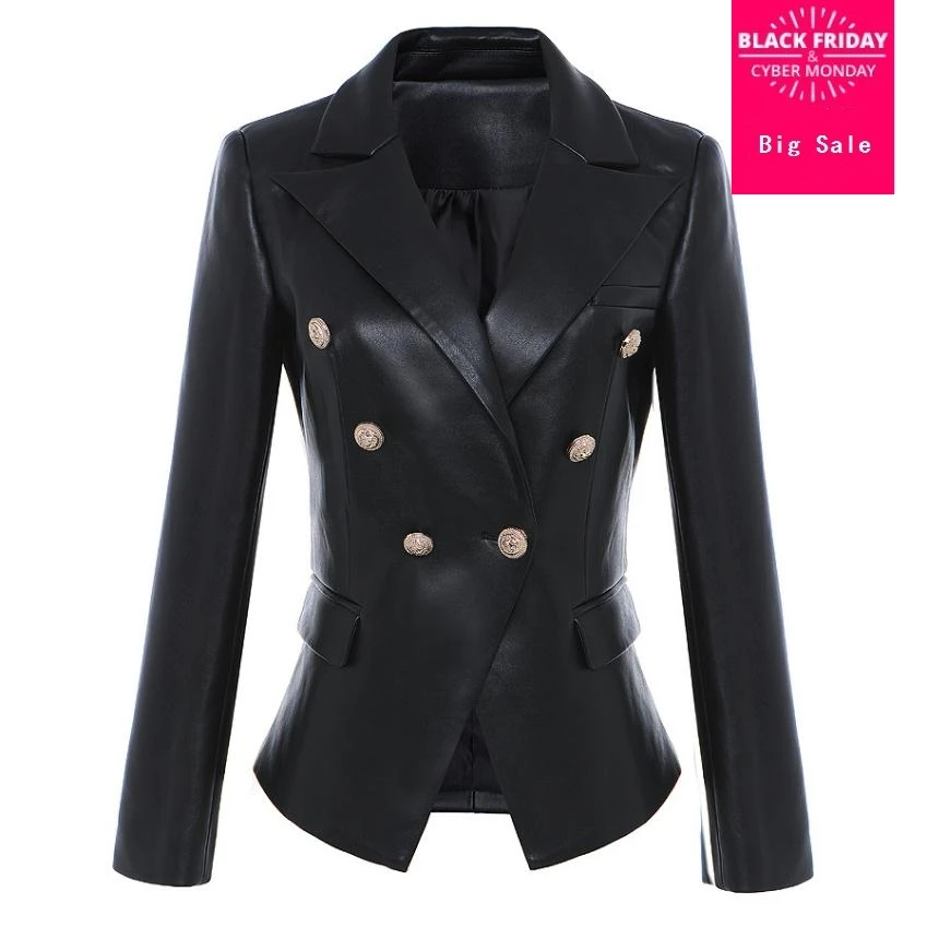 Fashion brand metal buttons pu leather blazer 2020 spring new women 's Korean version double breast suit jacket wj2008