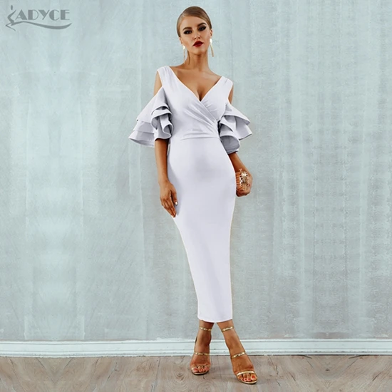 White Adyce, новое летнее женское Клубное платье, Vestidos, вечерние платья знаменитостей, желтое, красное, с рюшами, с бабочкой, с коротким рукавом, миди, Клубные платья - Цвет: White