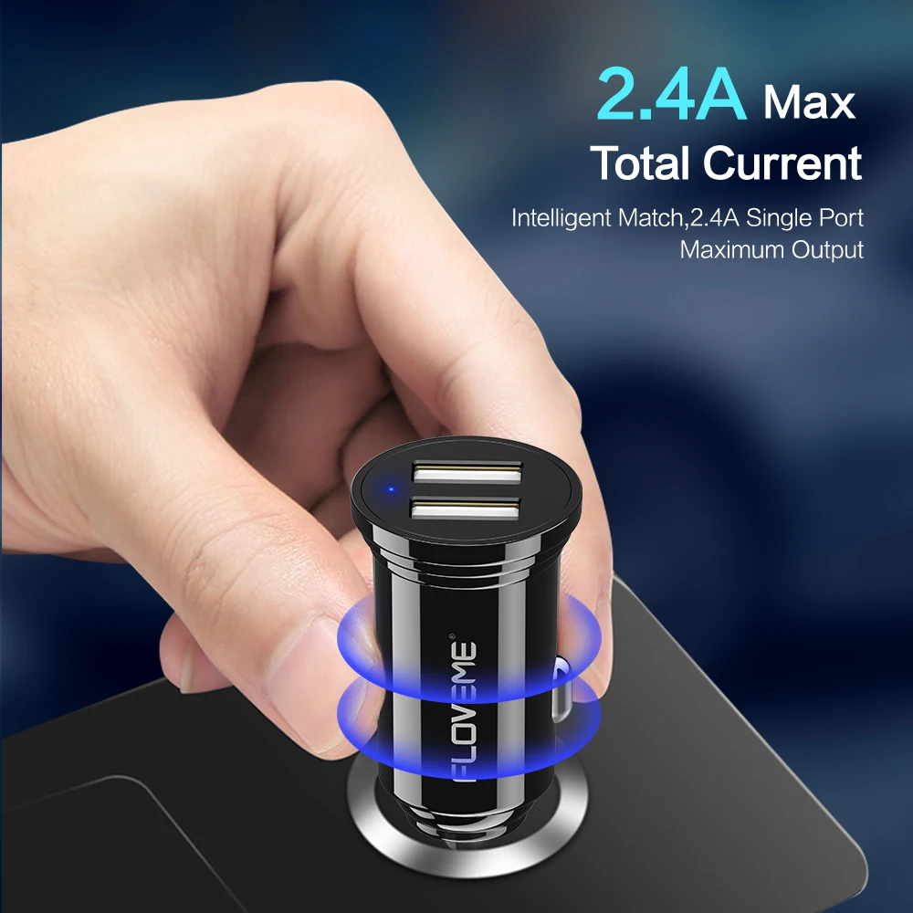 FLOVEME зарядное устройство для телефона Mini Dual USB Автомобильное 2.4A быстрое iPhone X Xiaomi