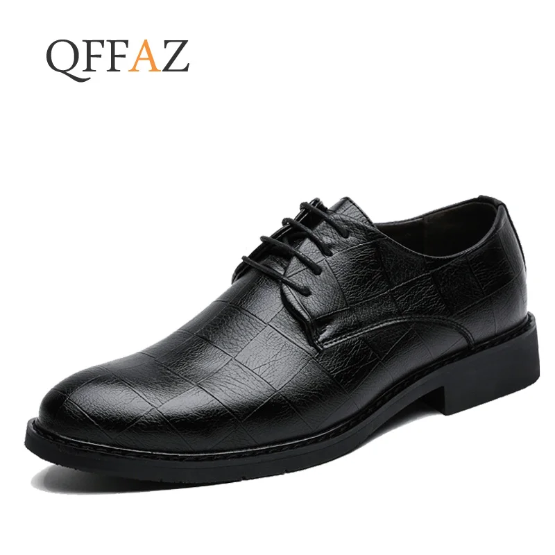 

QFFAZ Men Dress Shoes Leather Oxford Shoes Lace Up Casual Business Formal Men Shoes Brand Men Wedding Shoes