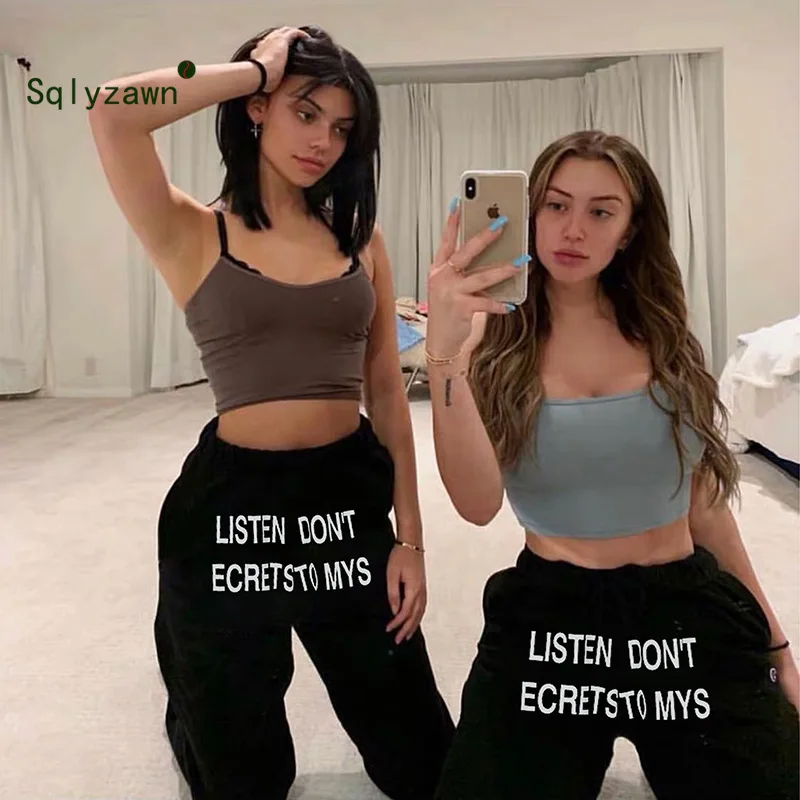 Женские спортивные штаны шаровары из 100% хлопка свободные с буквенным принтом для