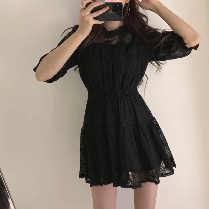 Black Кружевное платье, элегантное, Vestidos, лето, Vestido, черное, офисное, для женщин, корейское, мини, короткое, Harajuku, белое, ТРАПЕЦИЕВИДНОЕ, женское платье, ropa mujer - Цвет: Black