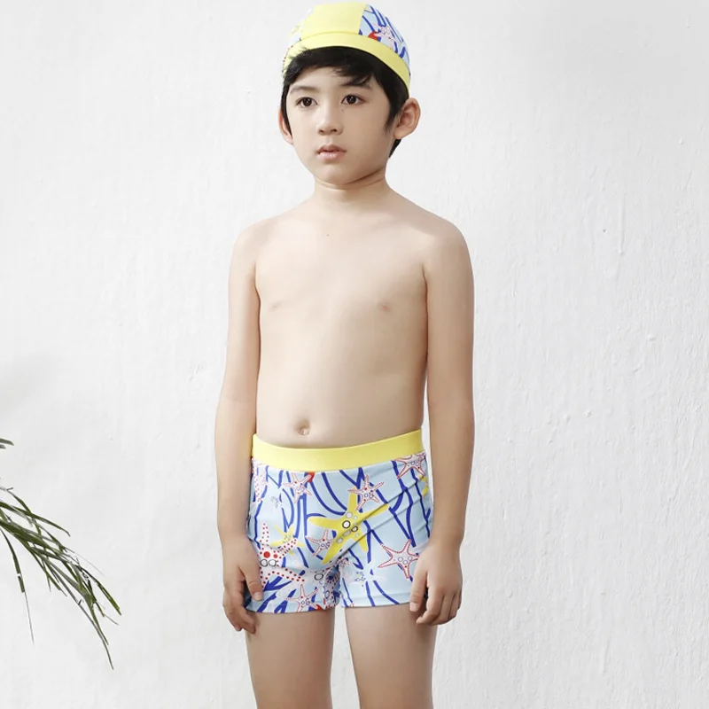 Summer Blue Printed Starfish Swimsuits Board Shorts+Cap for 2-10 Years Boy Children Kids Swimwear Swimming Exercises |