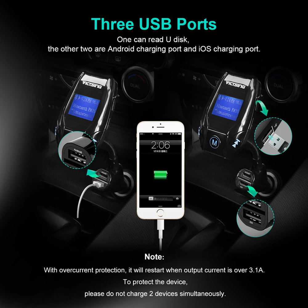 2019 Victsing Bluetooth fm передатчик беспроводной автомобильный музыкальный адаптер 3 usb