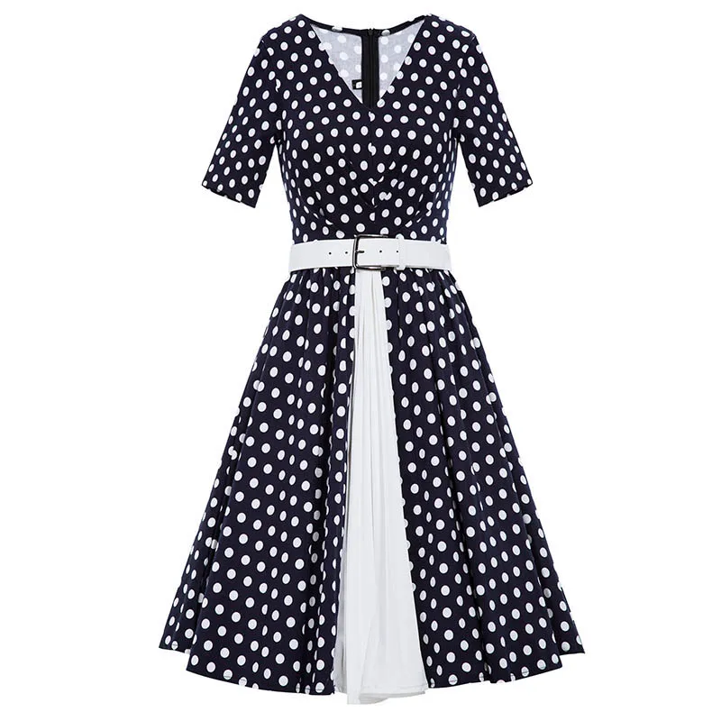 Винтаж платье 1950 S Стиль V Средства ухода за кожей Шеи Пояса летом темно-синий в