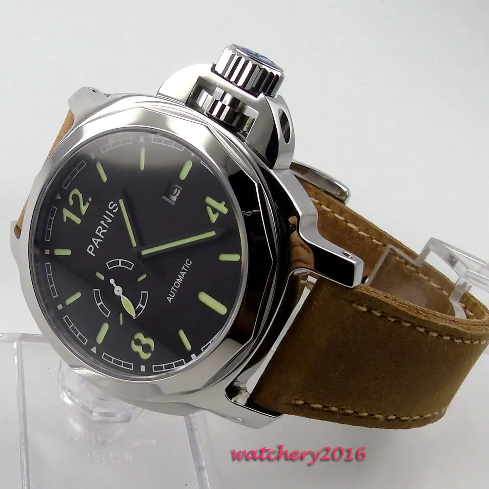 Автоматические механические мужские наручные часы PARNIS 44 мм с черным циферблатом